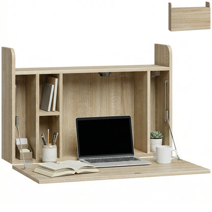 Wall Mounted Table w/ Space Saving Storage Compartments, Oak