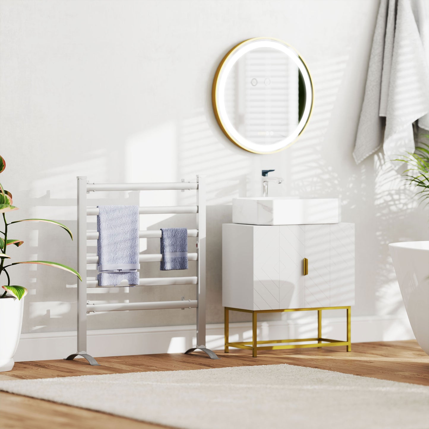 Wall Mounted LED Bathroom Mirror with 3 Light Colours Time Display Gold