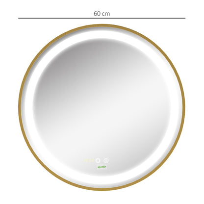 Wall Mounted LED Bathroom Mirror with 3 Light Colours Time Display Gold