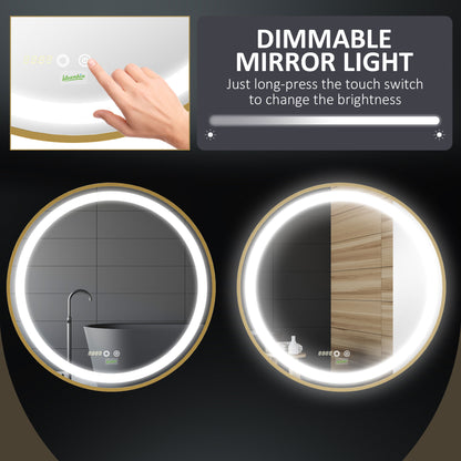 Wall Mounted LED Bathroom Mirror with 3 Light Colours Time Display Gold