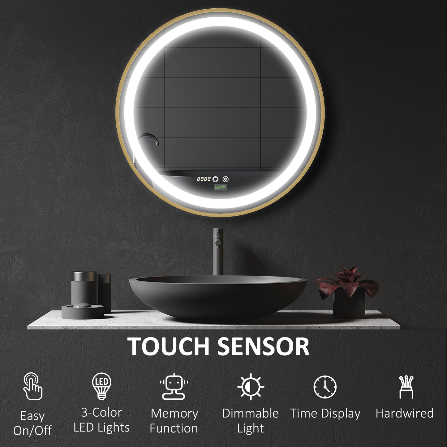 Wall Mounted LED Bathroom Mirror with 3 Light Colours Time Display Gold