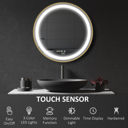 Wall Mounted LED Bathroom Mirror with 3 Light Colours Time Display Gold