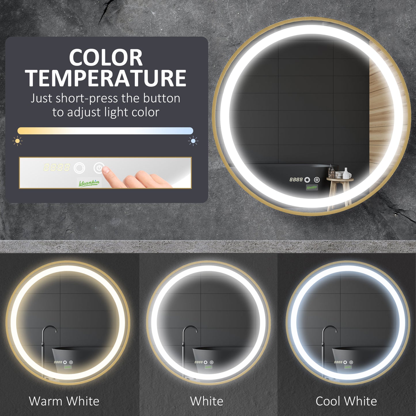 Wall Mounted LED Bathroom Mirror with 3 Light Colours Time Display Gold