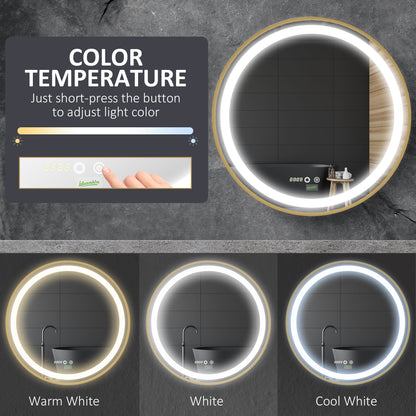 Wall Mounted LED Bathroom Mirror with 3 Light Colours Time Display Gold
