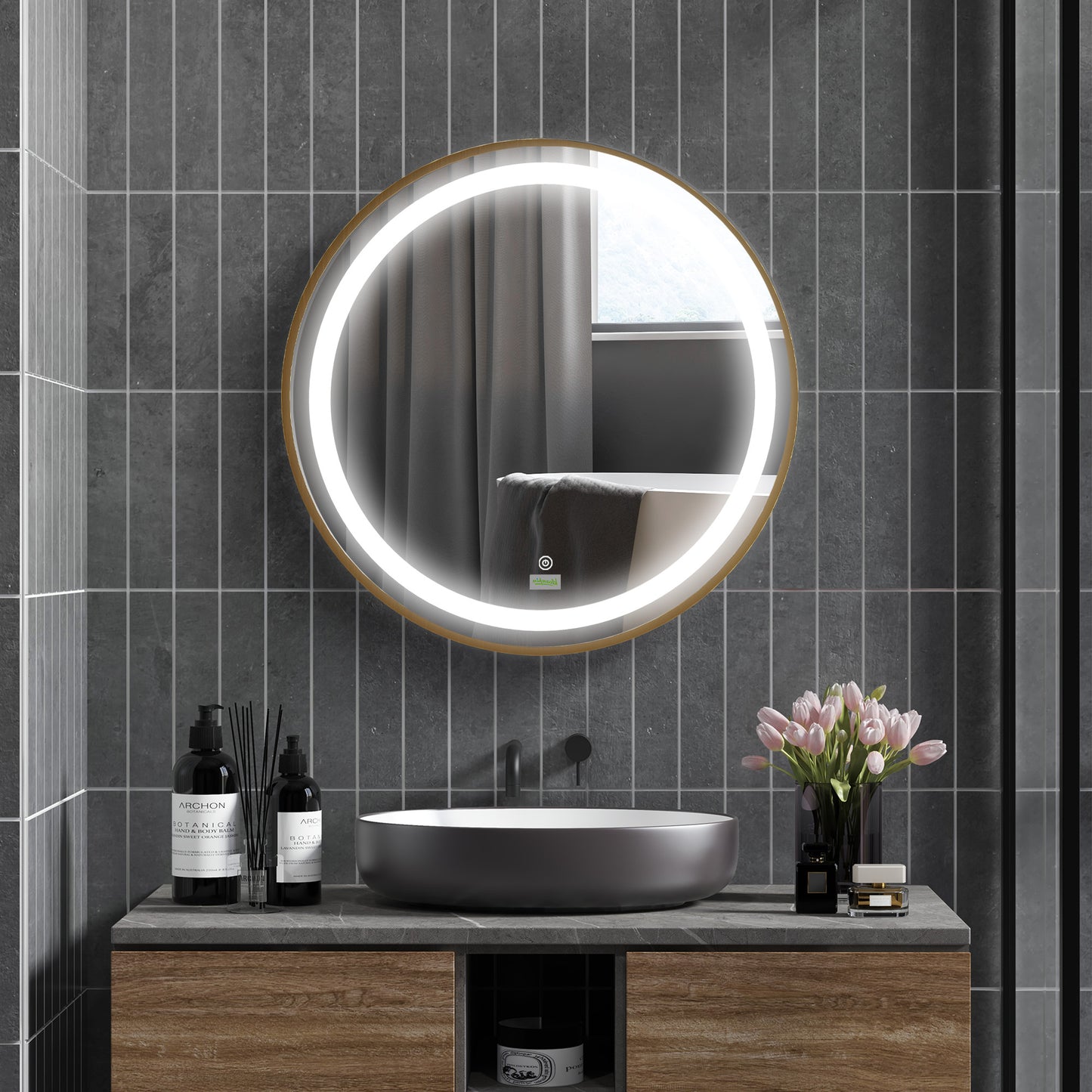 Wall Mounted LED Bathroom Mirror with 3 Light Colours Time Display Gold