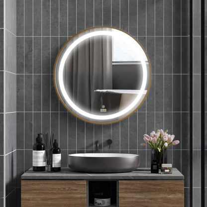 Wall Mounted LED Bathroom Mirror with 3 Light Colours Time Display Gold