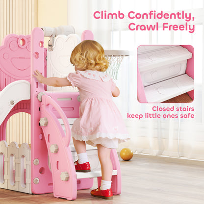 5 in 1 Toddler Slide Set with Basketball Hoop for Age 1-3, Pink