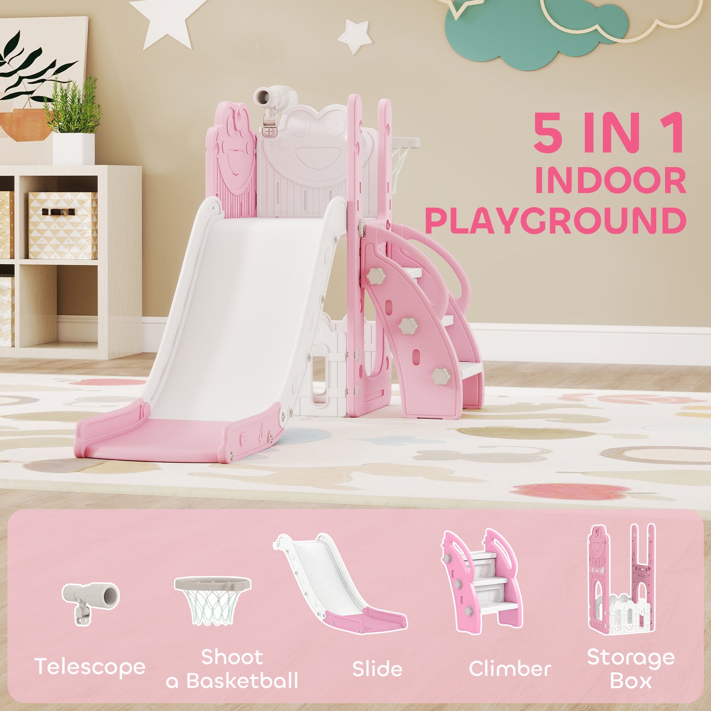 5 in 1 Toddler Slide Set with Basketball Hoop for Age 1-3, Pink