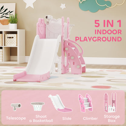 5 in 1 Toddler Slide Set with Basketball Hoop for Age 1-3, Pink