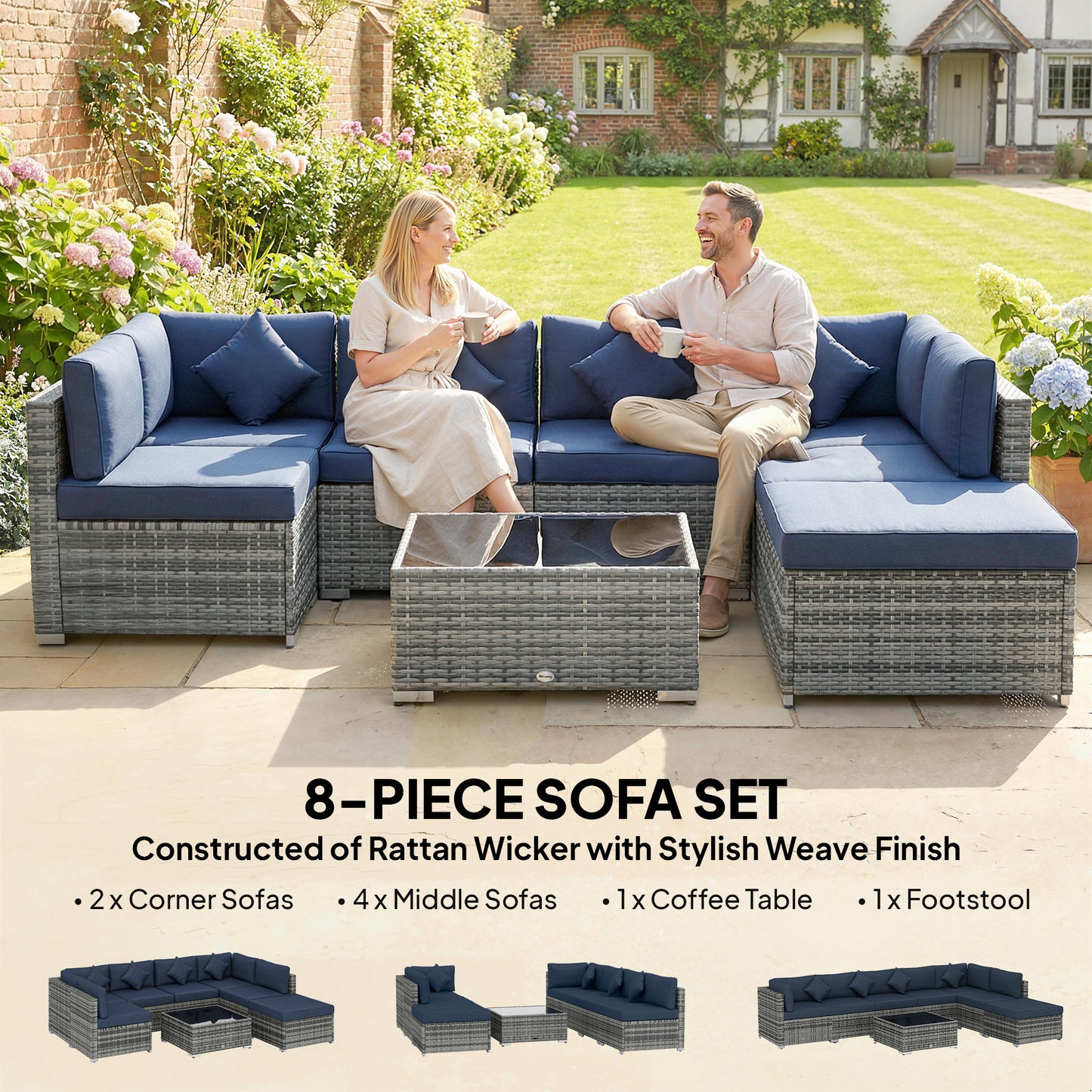8 Pieces Patio Rattan Sofa Set, Garden Furniture Set Dark Blue