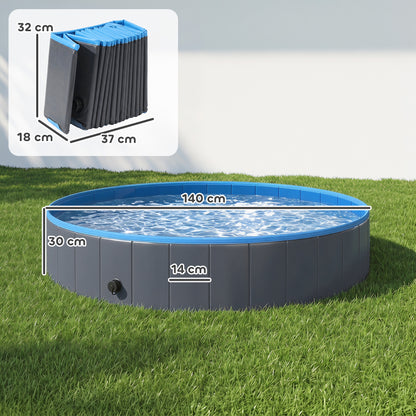 Foldable Dog Pool for Puppies and Ducks, Thickened PVC Dog Paddling Pool Bath Tub Hard Board, Anti-Slip Bottom and Hose Adapter for Easy Drainage, 140 x 30cm, Blue and Dark Grey