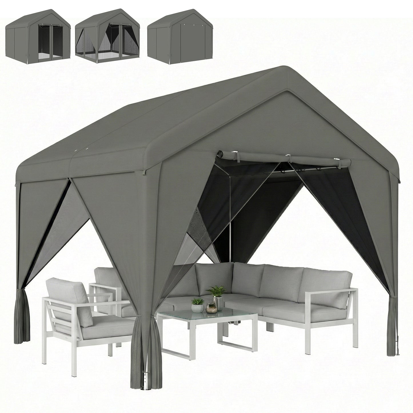 3 x 3 m Outdoor Patio Gazebo with Netting and Curtains, Dark Grey