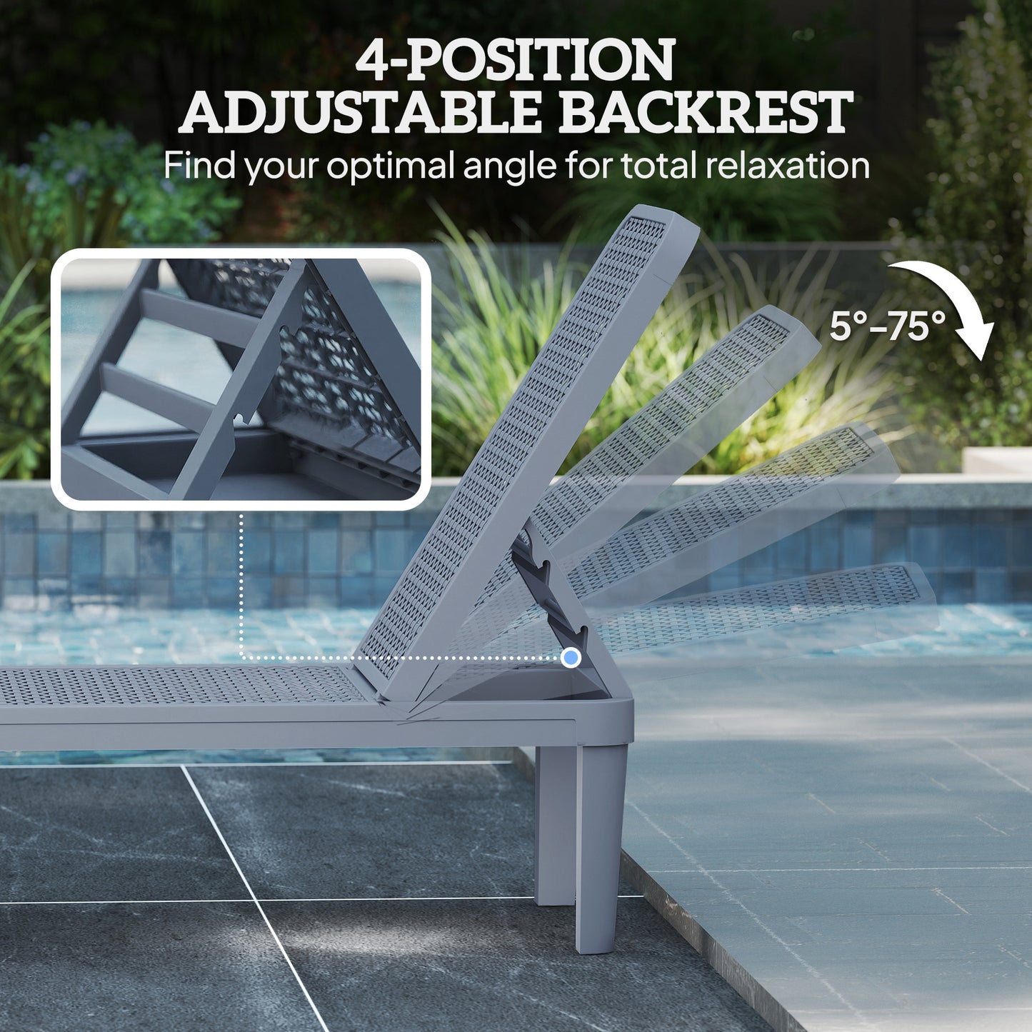 Plastic Sun Lounger, 4-Position Garden Lounger Sun bed, Dark Grey