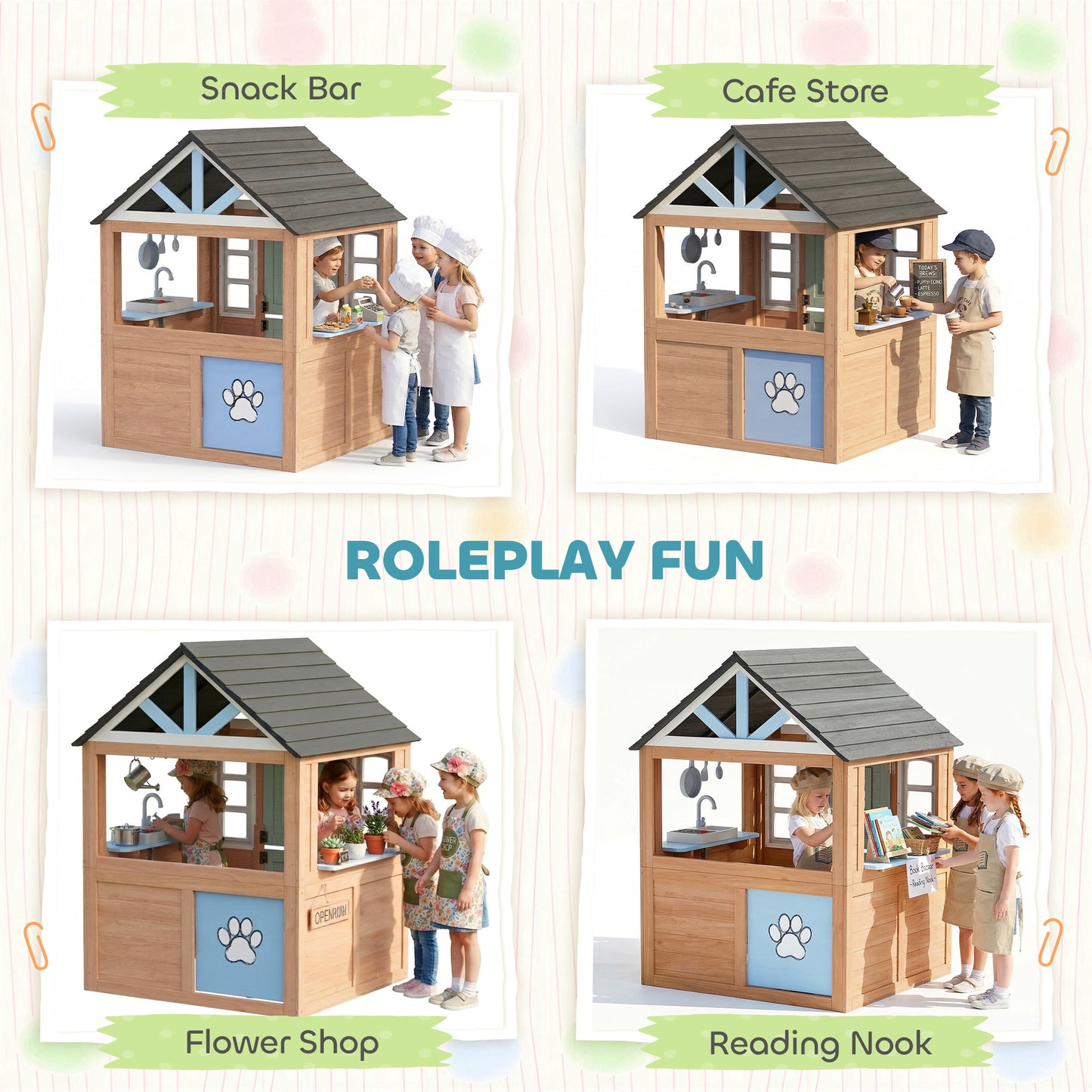 Playhouse for Kids, Wooden Wendy House with Pet Door, Play Kitchen, Half Door and Windows for Indoor Outdoor Pretend Play Fun, Ages 2+, Natural Wood
