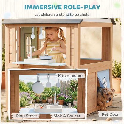 Playhouse for Kids, Wooden Wendy House with Pet Door, Play Kitchen, Half Door and Windows for Indoor Outdoor Pretend Play Fun, Ages 2+, Natural Wood