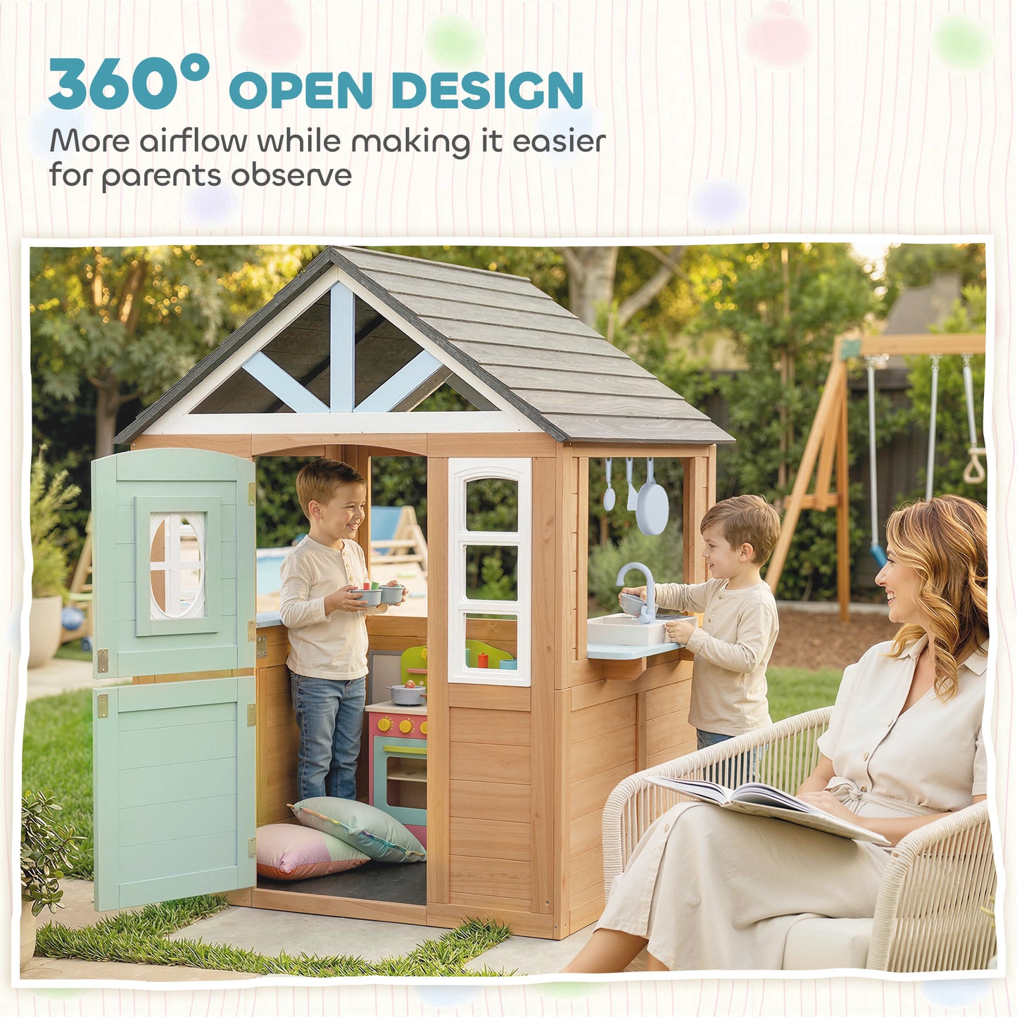 Playhouse for Kids, Wooden Wendy House with Pet Door, Play Kitchen, Half Door and Windows for Indoor Outdoor Pretend Play Fun, Ages 2+, Natural Wood