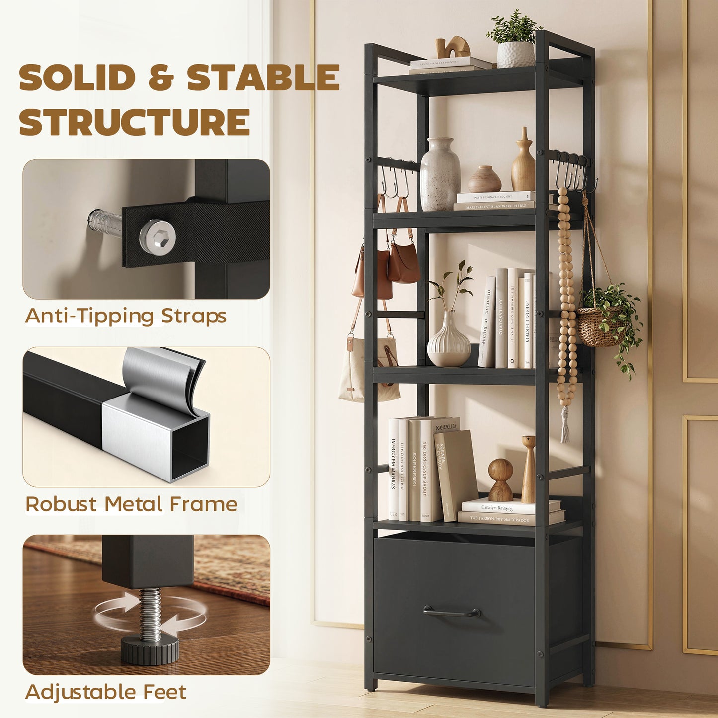 4-Tier Bookshelf, Shelving Unit with Drawer, 8 Hooks, Black
