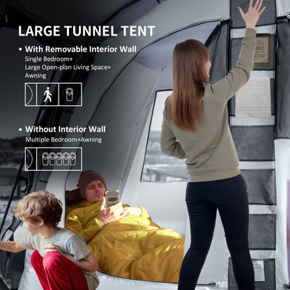 8-Person Camping Tent, Waterproof Family Tent, Tunnel Design, 4 Large Windows, Sleeping Cabins 3000mm Water Column Grey