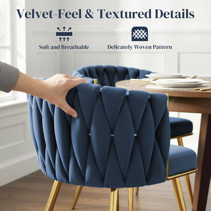 Upholstered Kitchen Chairs Set of 2 with Woven Backrest, Dark Blue