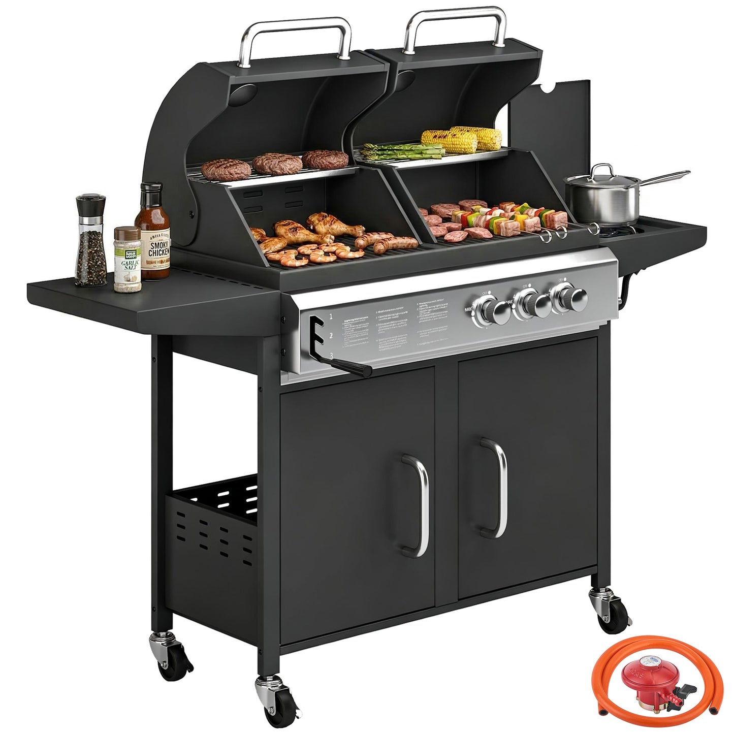 3 Burner Hybrid Dual Fuel BBQ Gas Grill with Side Burner, Black
