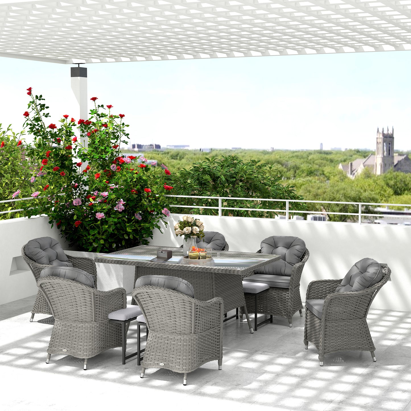 PE Rattan Garden Dining Set for 6 with Seat and Back Cushions