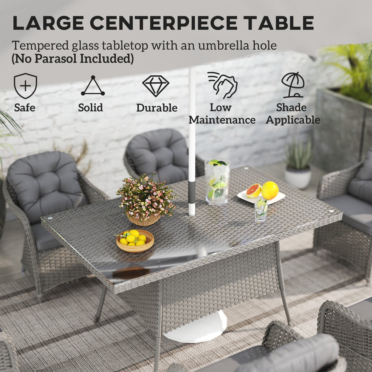PE Rattan Garden Dining Set for 6 with Seat and Back Cushions