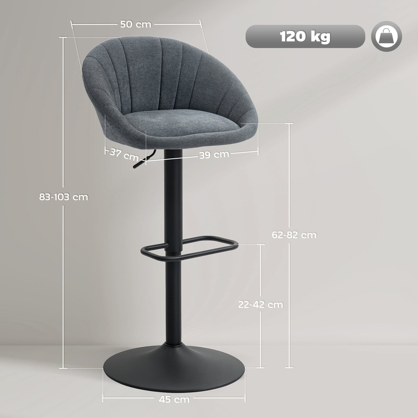 Swivel Bar Stools Set of 2 Height Adjustable Bar Chairs Dark Grey