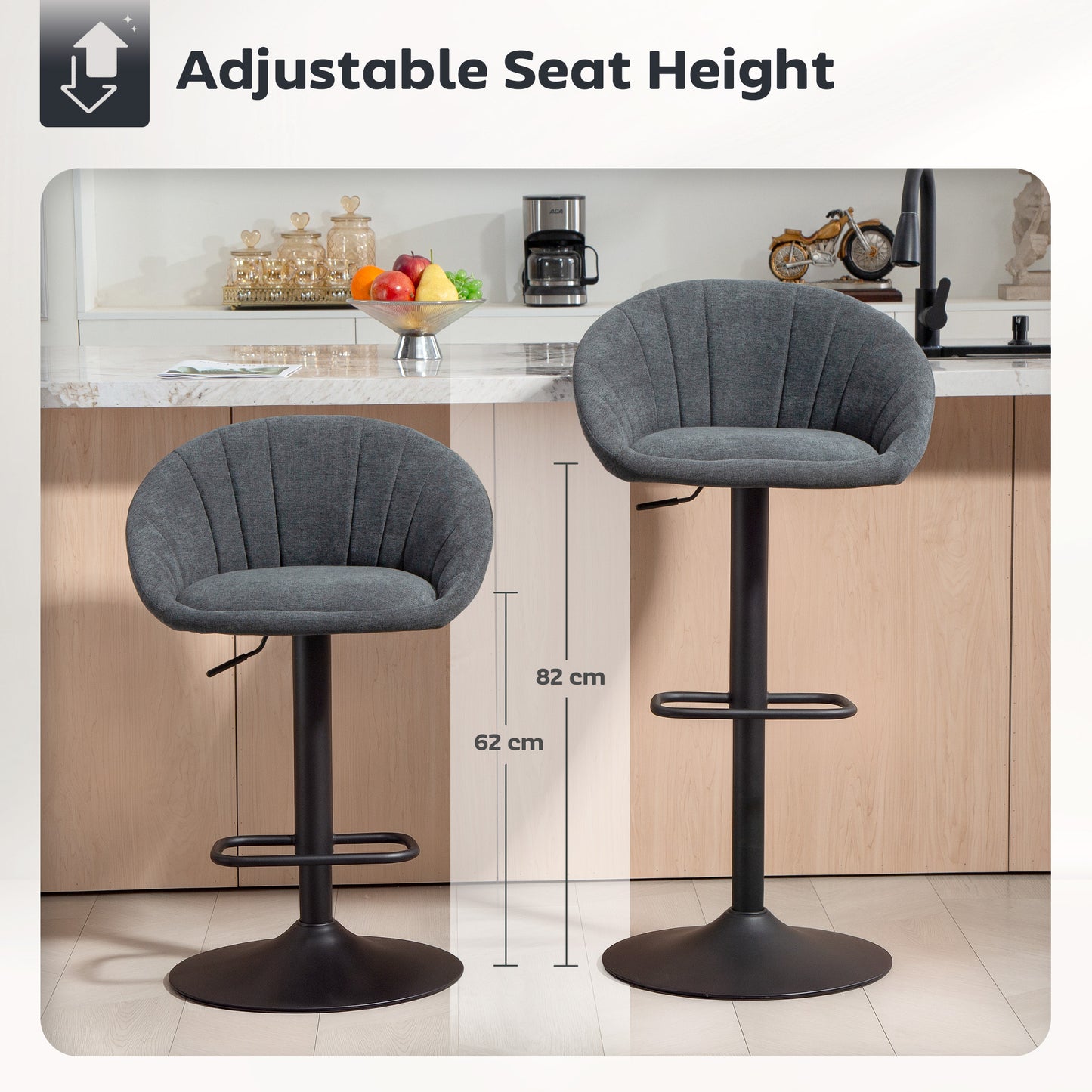 Swivel Bar Stools Set of 2 Height Adjustable Bar Chairs Dark Grey