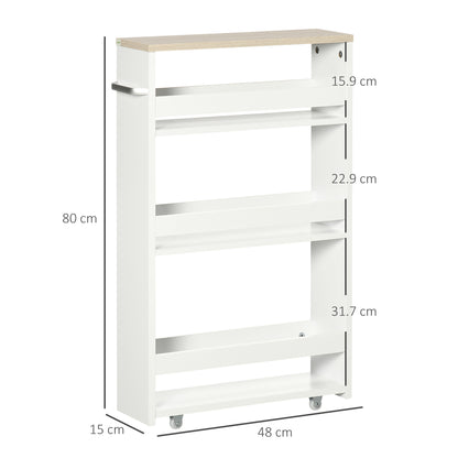 kleankin 4-Tier Storage Trolley on Wheels, Storage Cart, Rolling Ultility Cart with 3 Open Shelves for Living Room, Kitchen, Bathroom, White