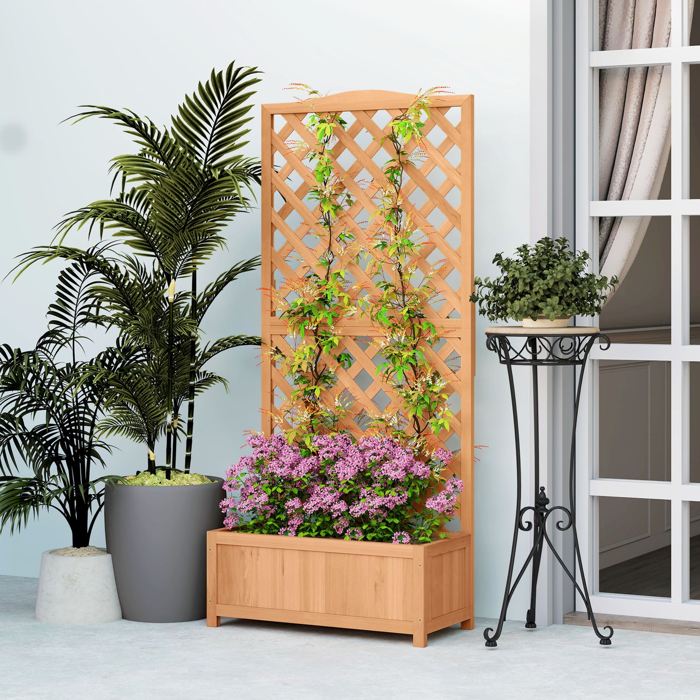 Garden Wooden Planter Box with Trellis Flower Raised Bed Brown