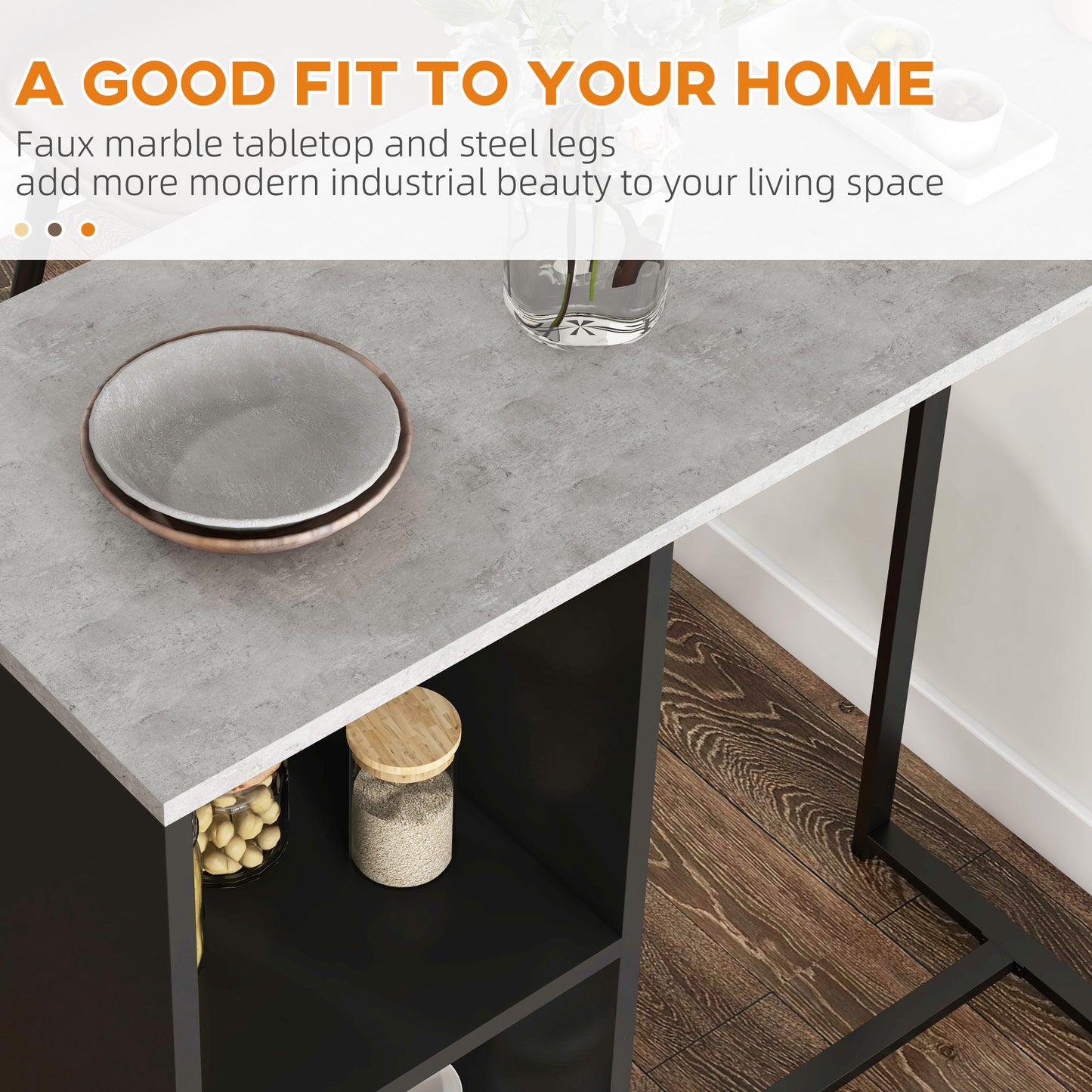 105 cm Rectangular Bar Table for 2 People with Wine Rack, Modern Breakfast Bar Table with 3 Storage Shelves and Faux Marble Top for Kitchen, Black