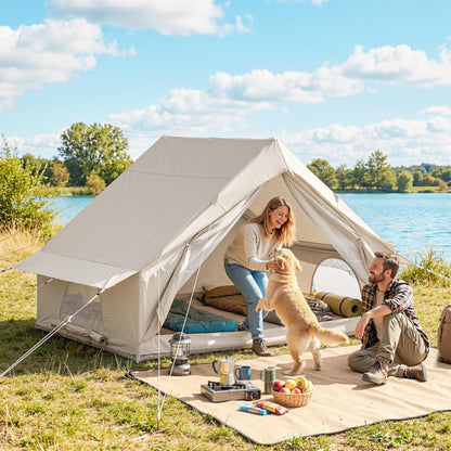 Inflatable Camping Tent with Air Pump, Easy Setup 2-4 Person Blow Up Glamping Tent, 3000mm Waterproof with Mesh Windows and Carry Bag, House Design for Family Weekend Camping, Beige