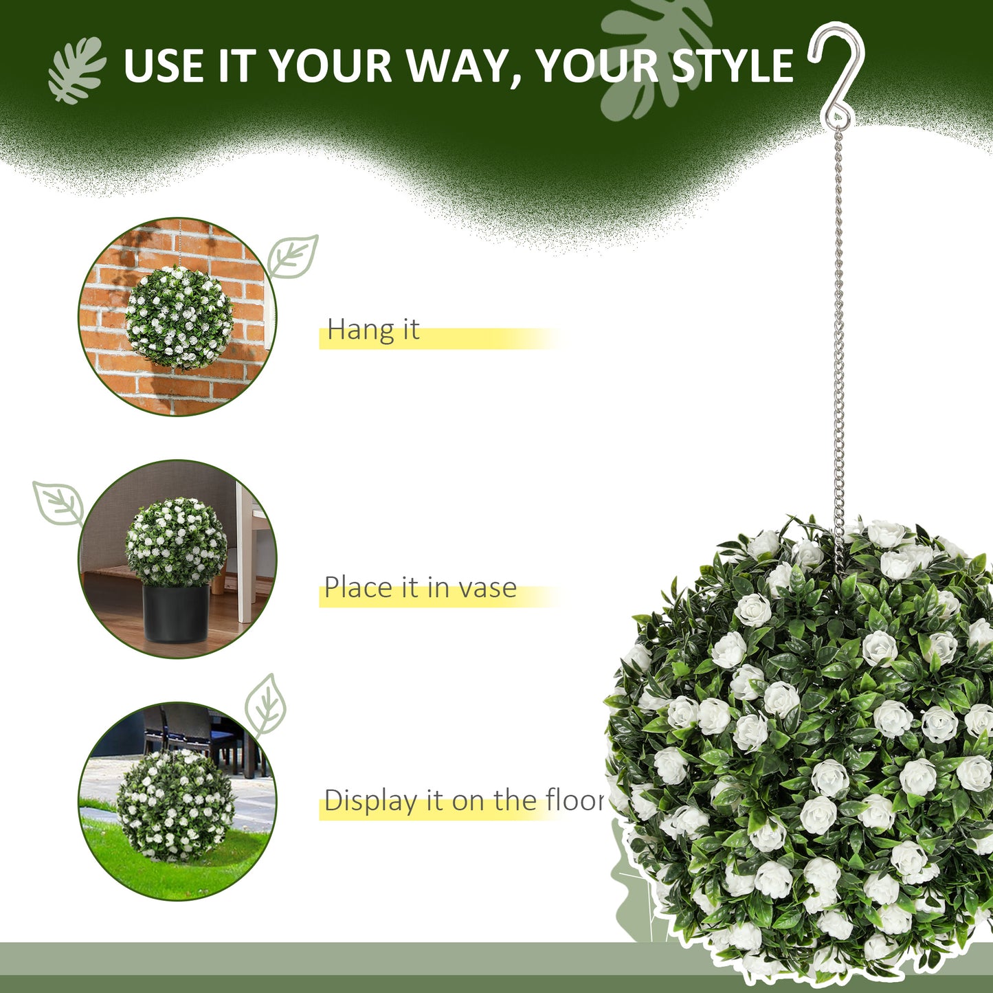 Set of 2 Artificial Plant Topiary Rose Balls, Faux Plants, White
