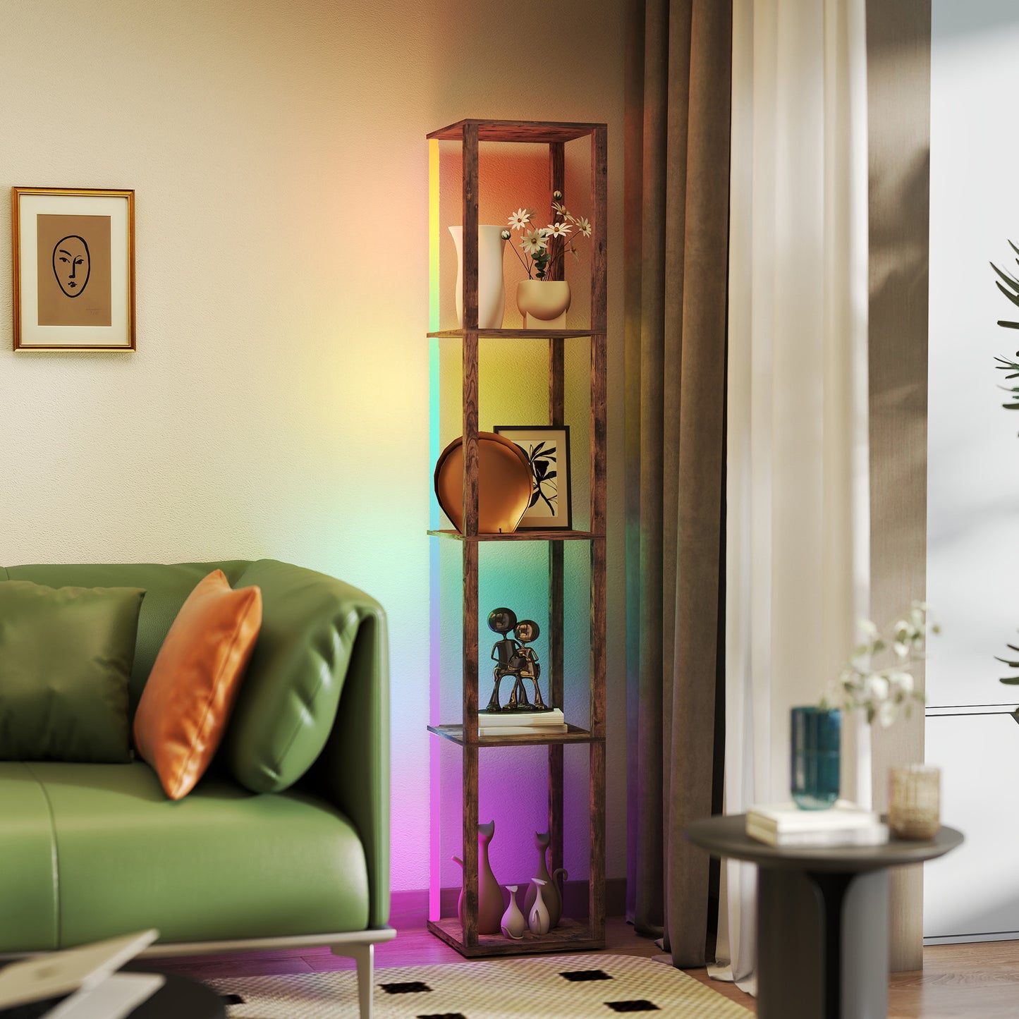 RGB LED Floor Lamp with Shelves and Remote Control, Rustic Brown