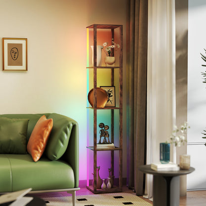 RGB LED Floor Lamp with Shelves and Remote Control, Rustic Brown