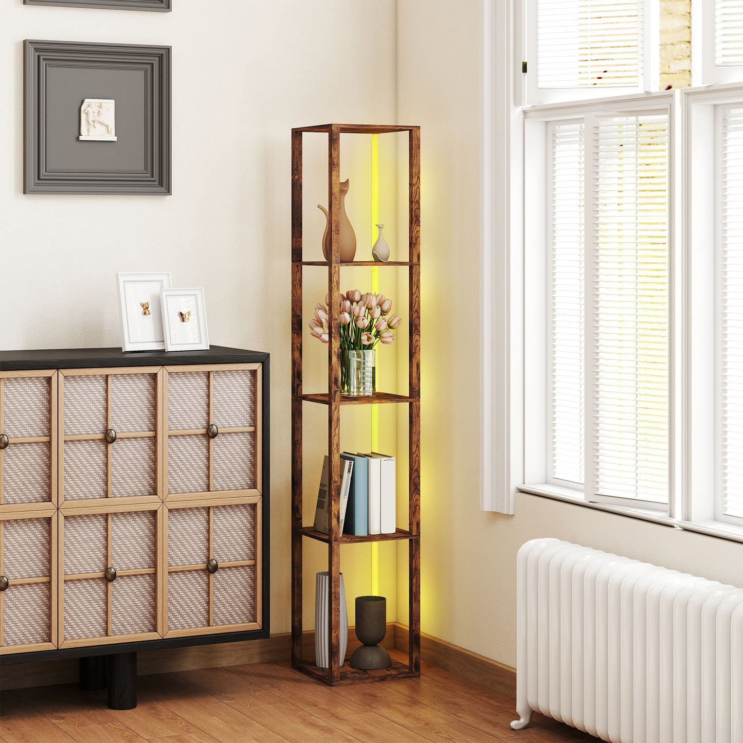 RGB LED Floor Lamp with Shelves and Remote Control, Rustic Brown