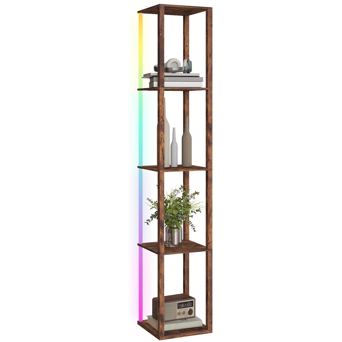 RGB LED Floor Lamp with Shelves and Remote Control, Rustic Brown