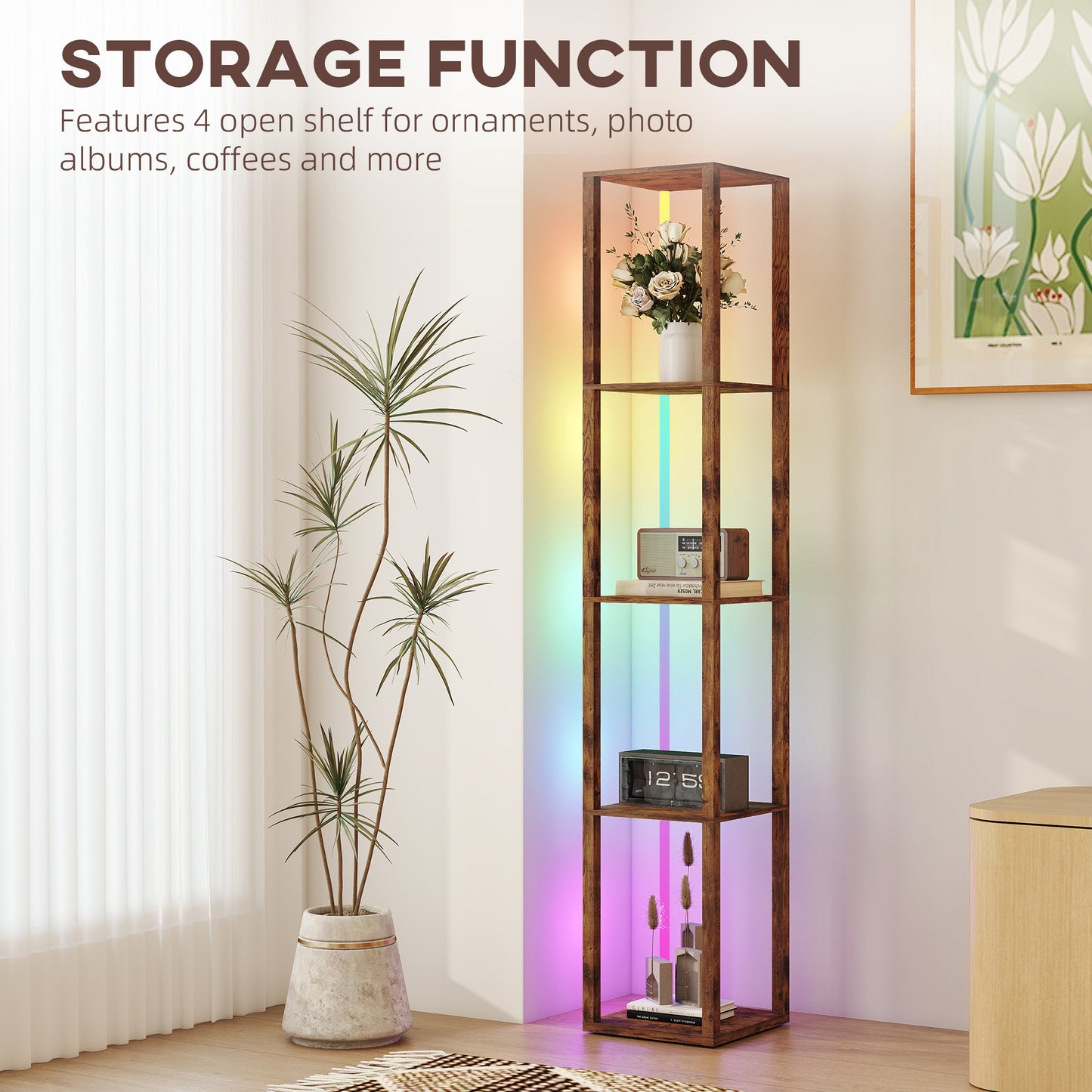 RGB LED Floor Lamp with Shelves and Remote Control, Rustic Brown