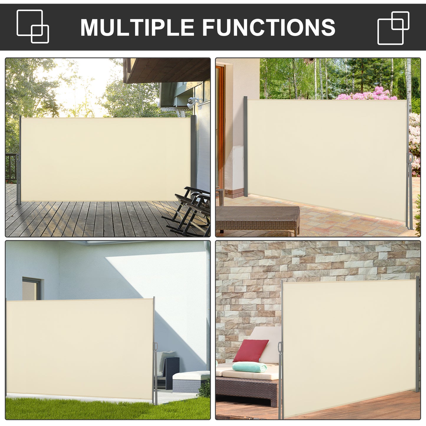 Retractable Sun Side Awning Screen Fence Patio Garden Wall Balcony Screening Panel Outdoor Blind Privacy Divider (3x1.6M, Cream White)