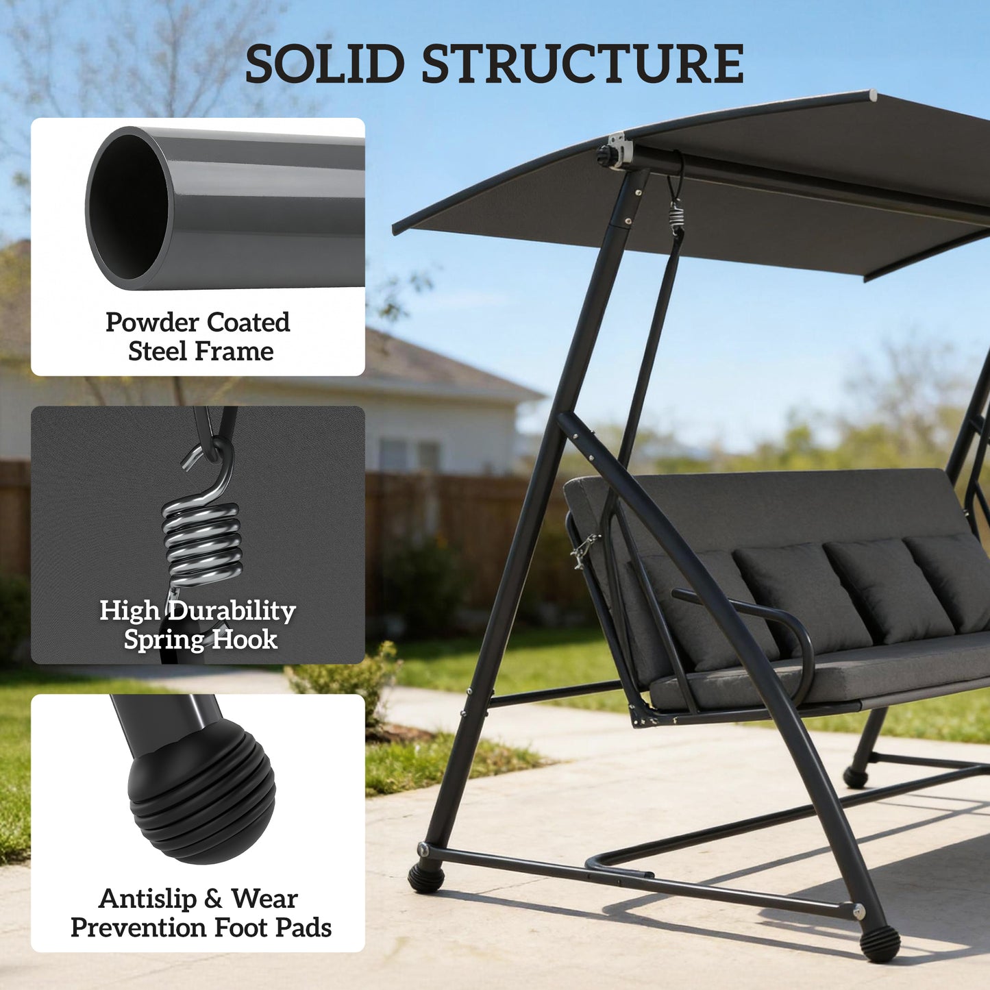 2-in-1 Swing Chair 3 Seater Hammock Cushion Bed Tilt Canopy Grey