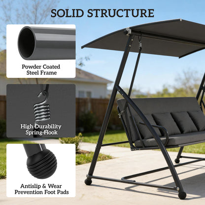 2-in-1 Swing Chair 3 Seater Hammock Cushion Bed Tilt Canopy Grey