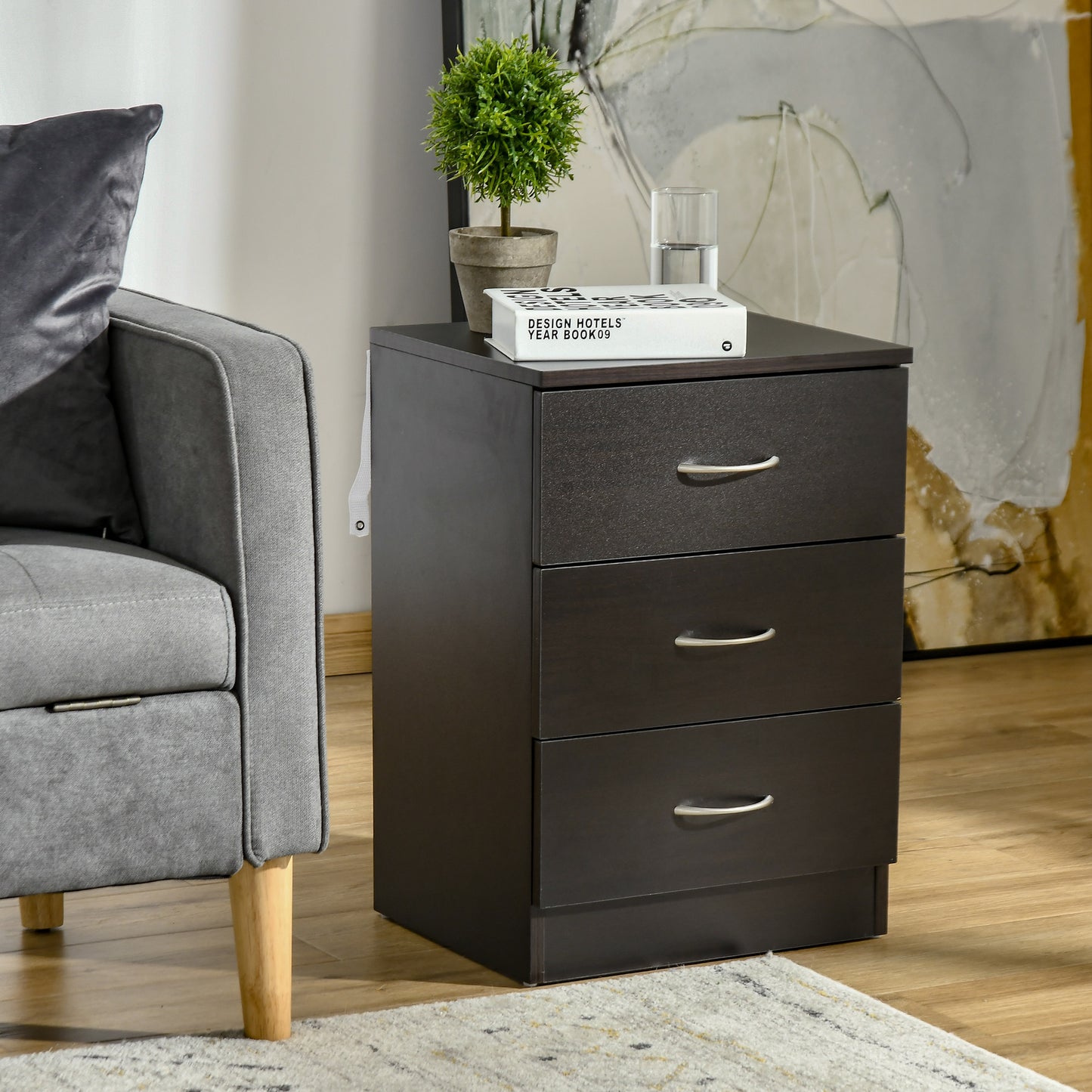 Modern 3 Drawers Side Table, Bedside Table with Wood Effect, Black