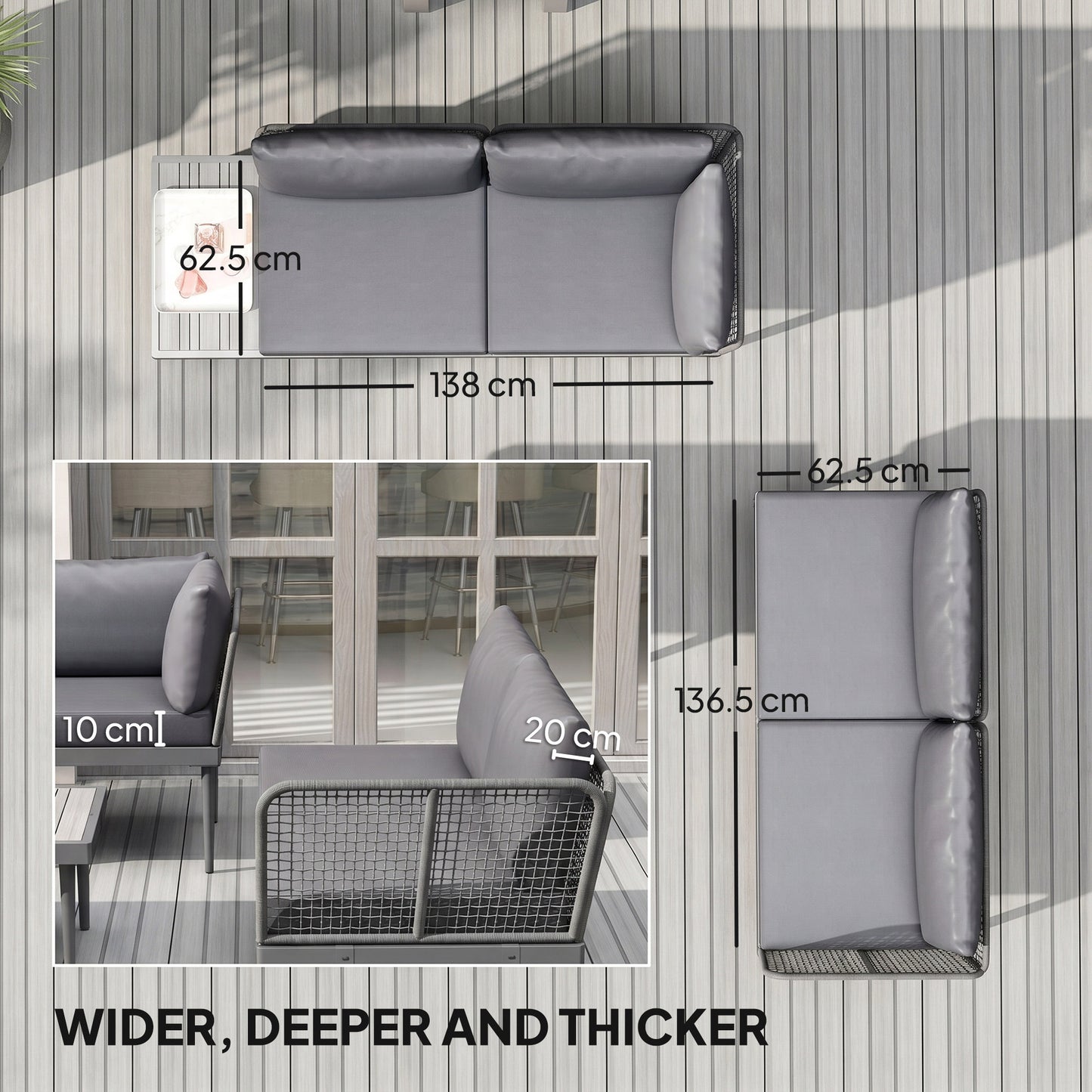 3 Piece L Shaped Rattan Garden Furniture Set, 4 Seater Wicker Outdoor Corner Sofa Set with 2 Loveseats, Wide and Deep Seating, Acacia Wood Top Coffee Table and Thick Cushions, Grey