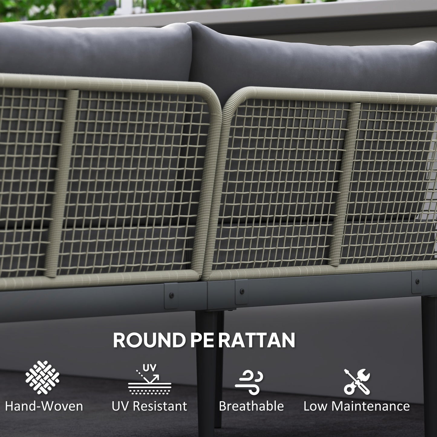 3 Piece L Shaped Rattan Garden Furniture Set, 4 Seater Wicker Outdoor Corner Sofa Set with 2 Loveseats, Wide and Deep Seating, Acacia Wood Top Coffee Table and Thick Cushions, Grey