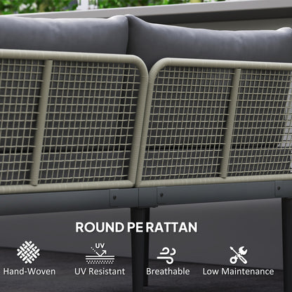 3 Piece L Shaped Rattan Garden Furniture Set, 4 Seater Wicker Outdoor Corner Sofa Set with 2 Loveseats, Wide and Deep Seating, Acacia Wood Top Coffee Table and Thick Cushions, Grey