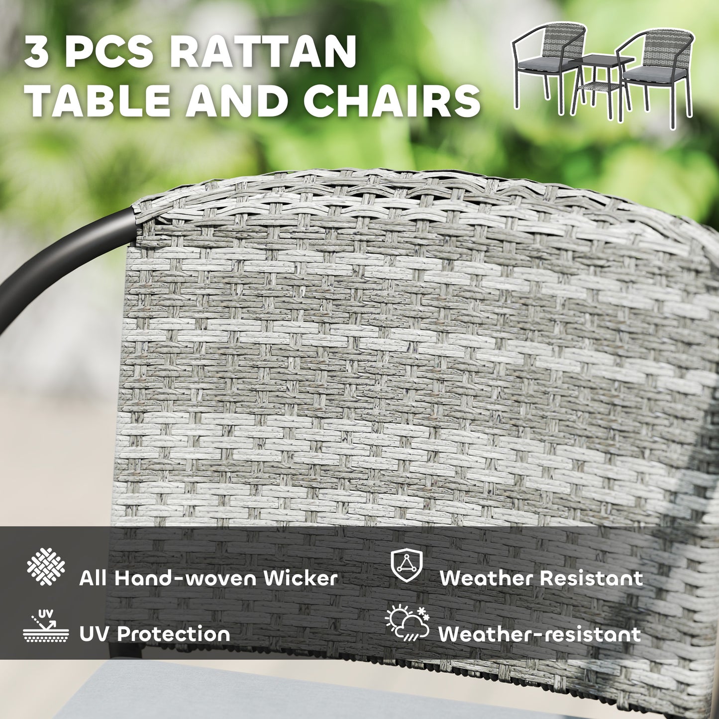 3 PCS Rattan Bistro Set with Cushions Glass Top Coffee Table and Chairs