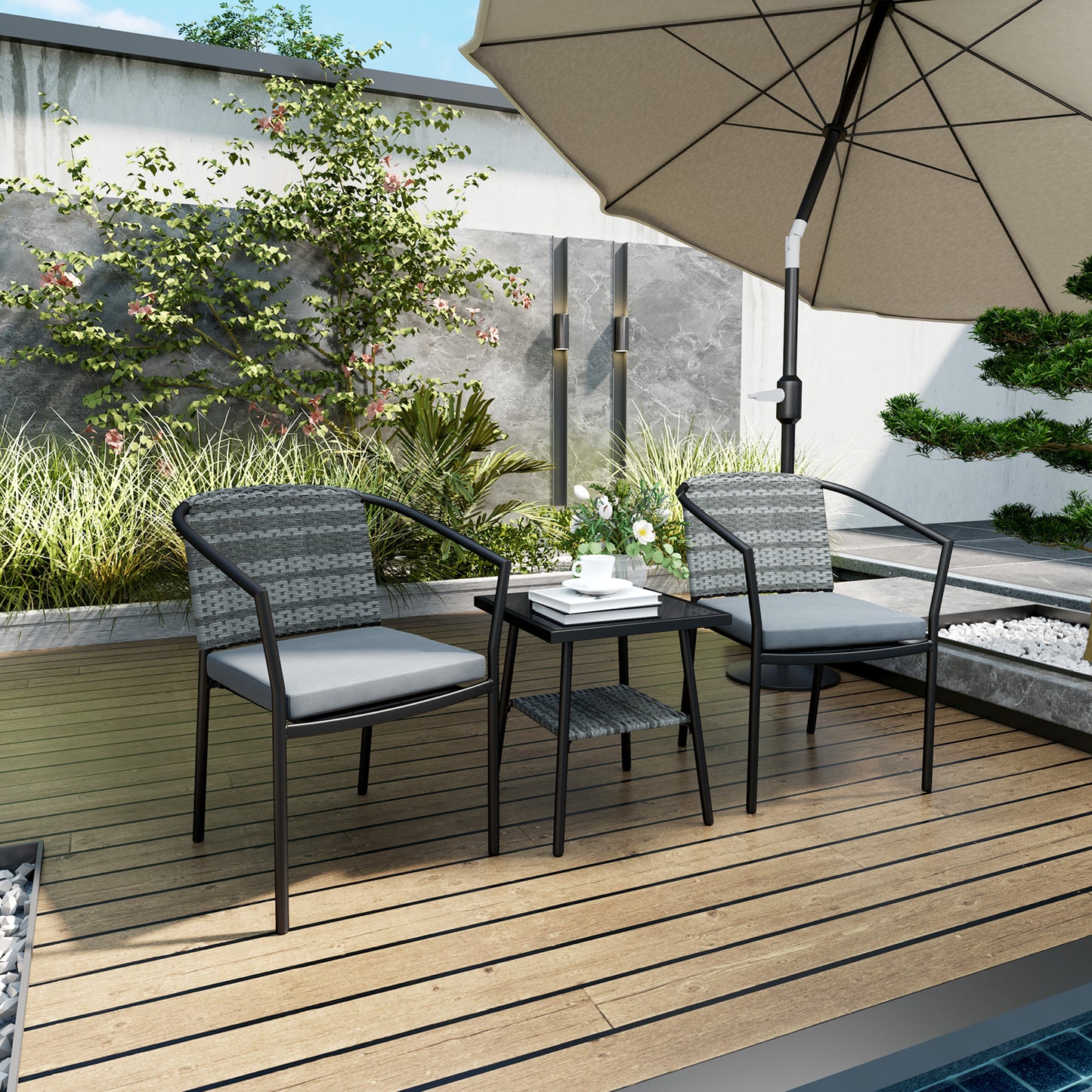 3 PCS Rattan Bistro Set with Cushions Glass Top Coffee Table and Chairs