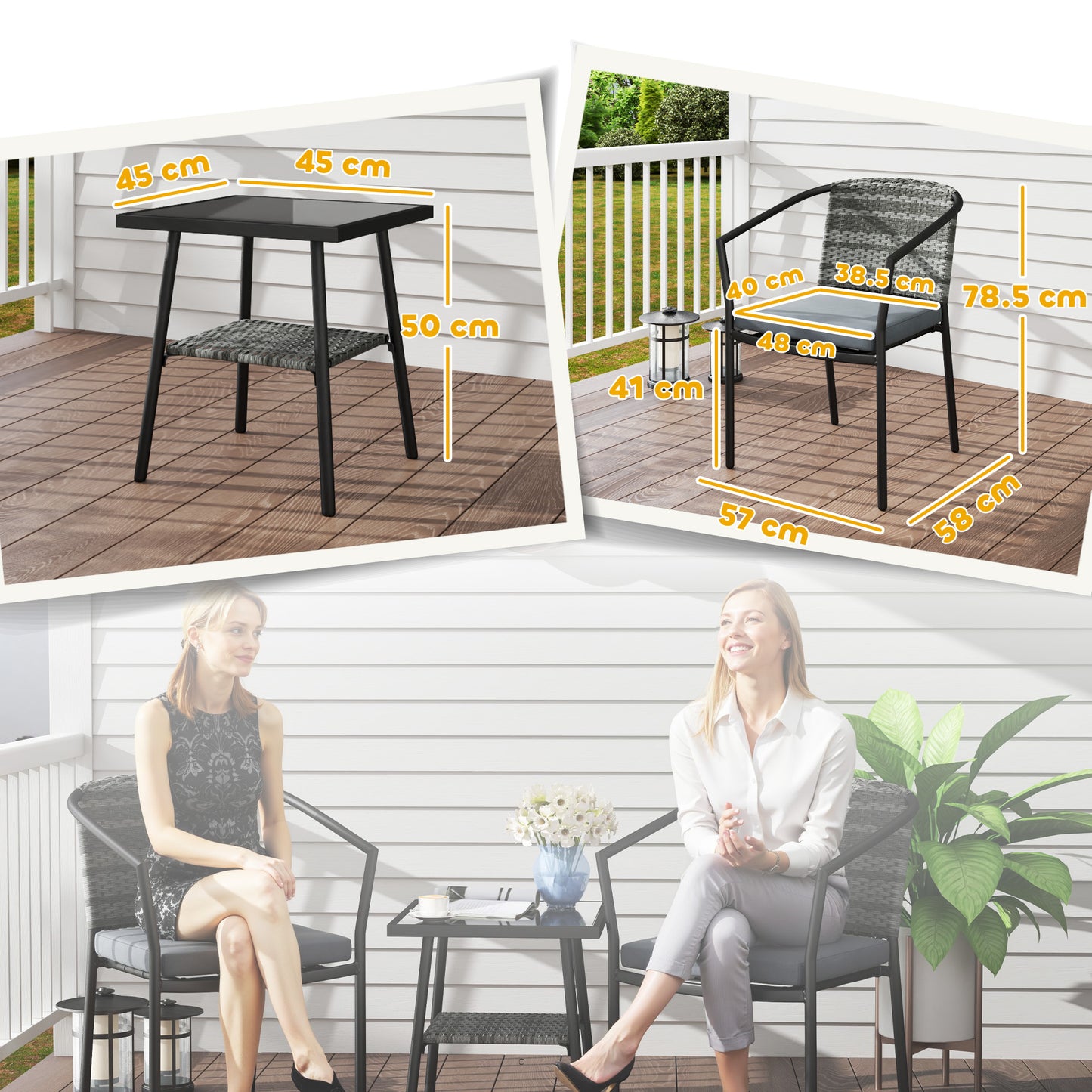 3 PCS Rattan Bistro Set with Cushions Glass Top Coffee Table and Chairs