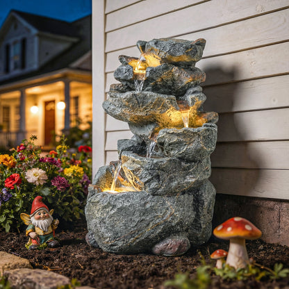 Outdoor Water Fountain with 6-Tier Rock Style, LED Lights, Grey