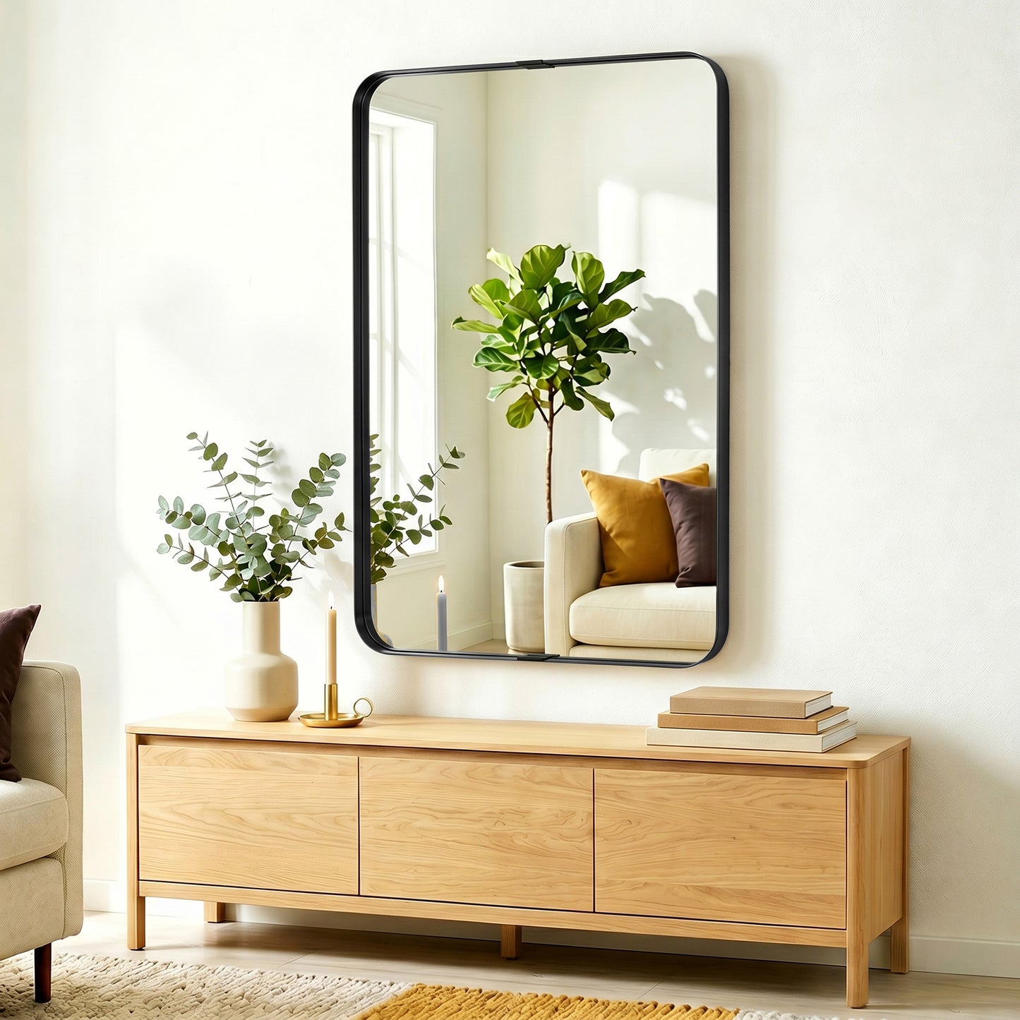 Wall Mirror with Elevated Aluminium Alloy Frame, 60 x 90 cm Bathroom Mirror with Tempered Glass for Living Room, Bedroom, Hallway, Black